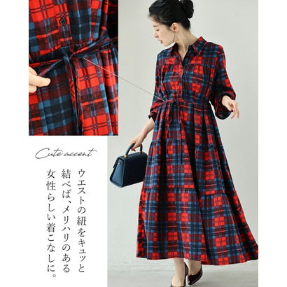 秋を色付けるバイカラーチェックロングワンピース（紐ベルト付き） （レッド）｜詳細画像