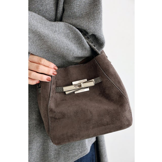 秋色スエード調バッグ(ポーチ.ショルダー付き) （グレー）