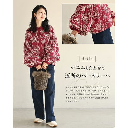 煌めく花刺繍ポワン袖 （レッド）｜詳細画像