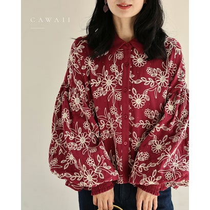 煌めく花刺繍ポワン袖 （レッド）｜詳細画像