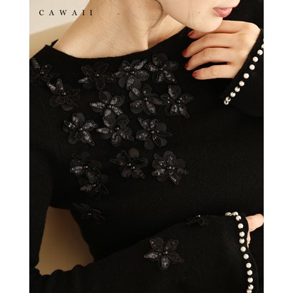 カワイイ CAWAII 溢れる花のパール袖ニットカットソー （ブラック）｜詳細画像
