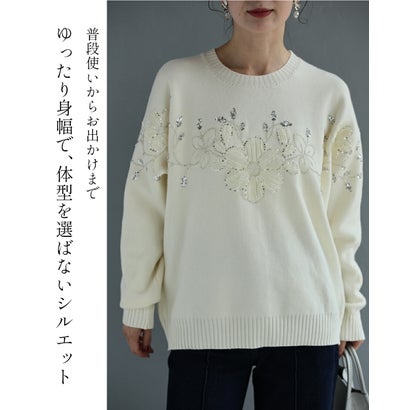 光の煌めき花ニットプルオーバートップス （ネイビー）｜詳細画像