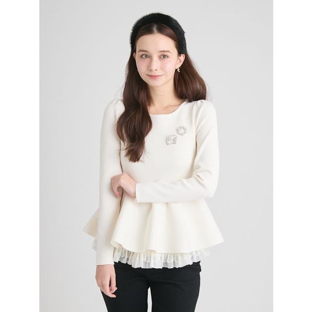 レースヘムインナーコンビペプラムニット （OWHT）
