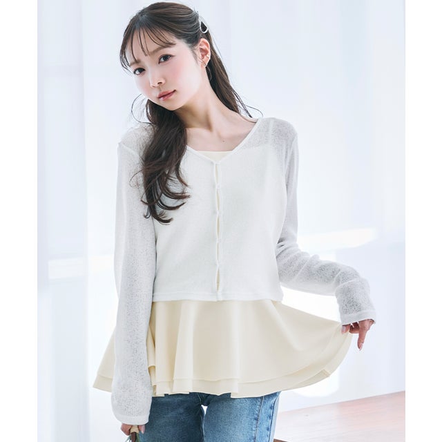 カットオフペプラムキャミソール＋シアーカットカーデSET （アイボリー）