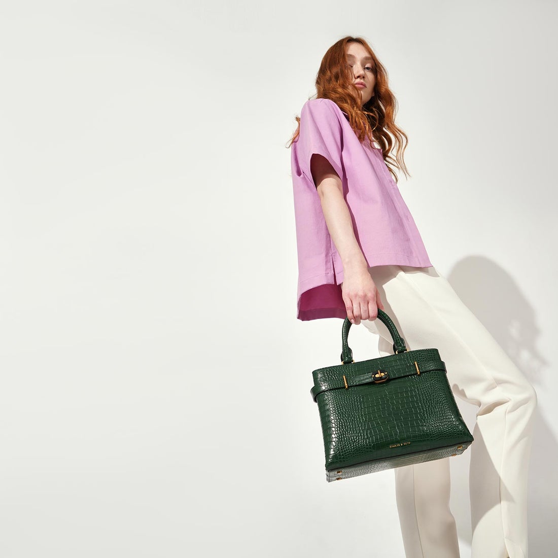 CHARLES & KEITH ラージターンロック トートバッグ （Green 