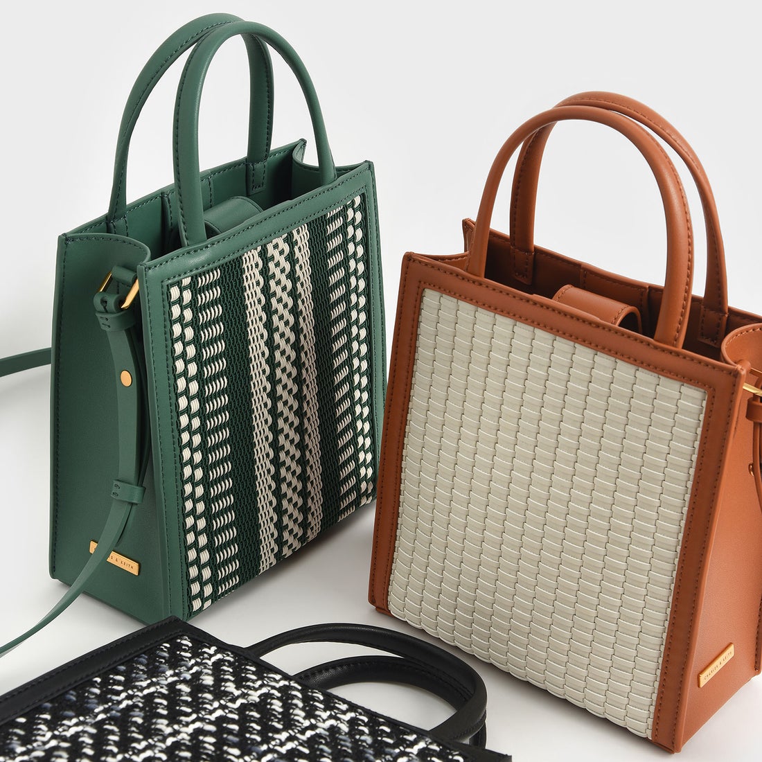CHARLES & KEITH ウーブンツイード トートバッグ （Black 