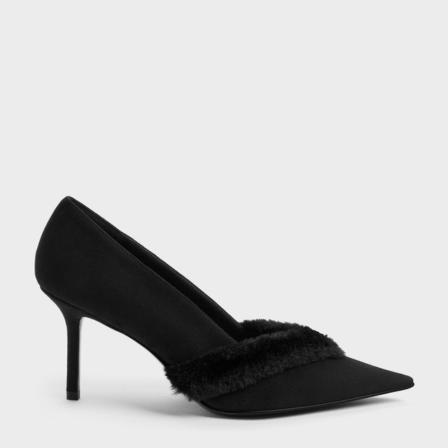 Emila エミラ ファートリム ポインテッド パンプス （Black Textured）