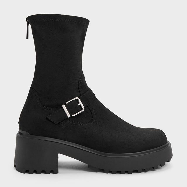 Evan エヴァン プラットフォーム アンクルブーツ （Black Textured）