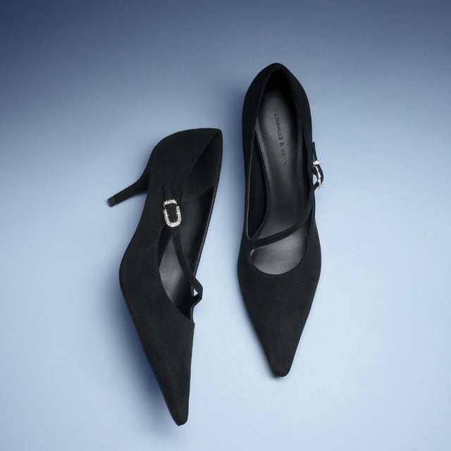 アシンメトリック ストラップ パンプス  （Black Textured）