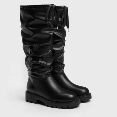 チャールズ アンド キース CHARLES & KEITH ルーシュド ドローストリング ロングブーツ （Black）｜詳細画像