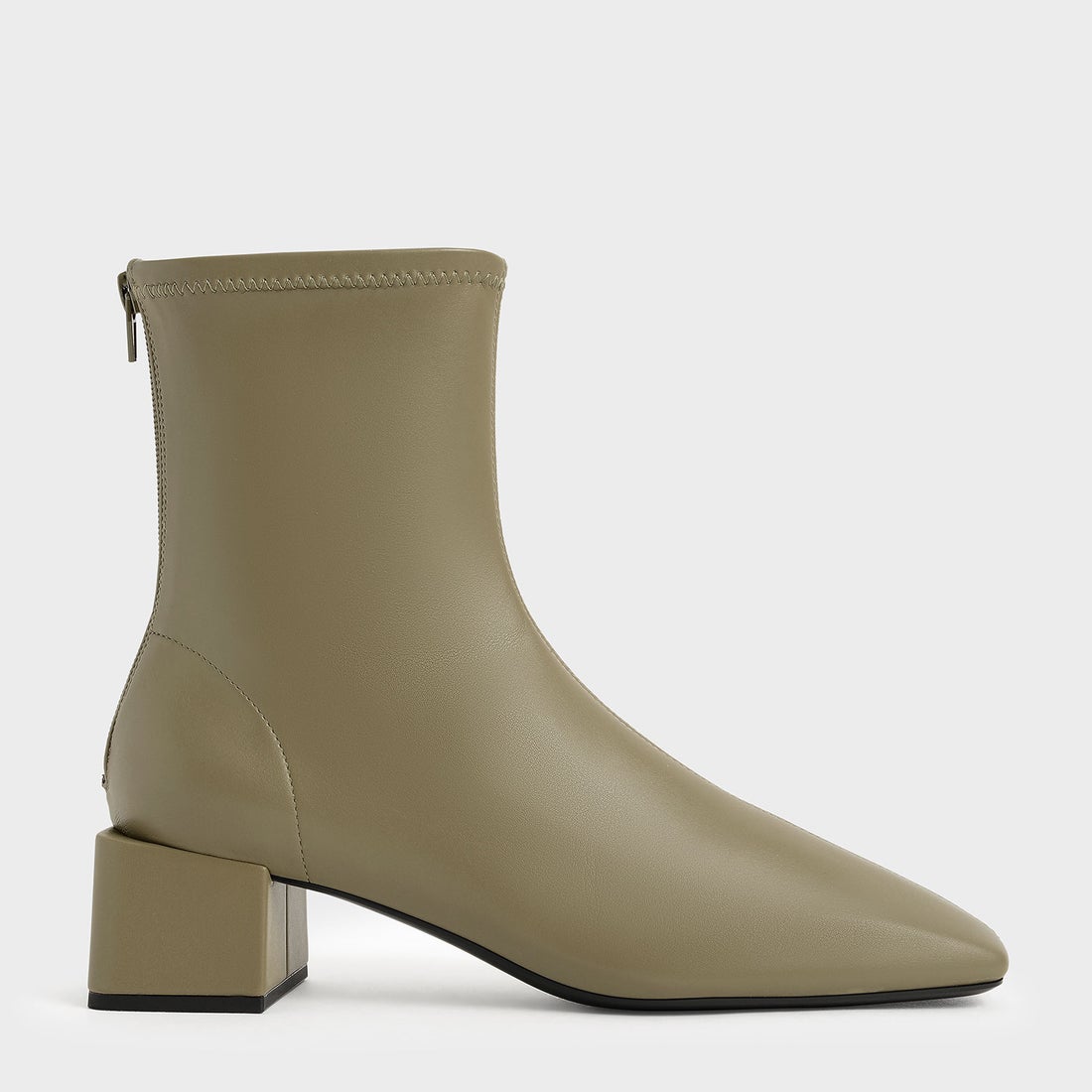 ブロックヒール ジップアップアンクルブーツ / Block Heel Zip-Up Ankle Boots （Olive）