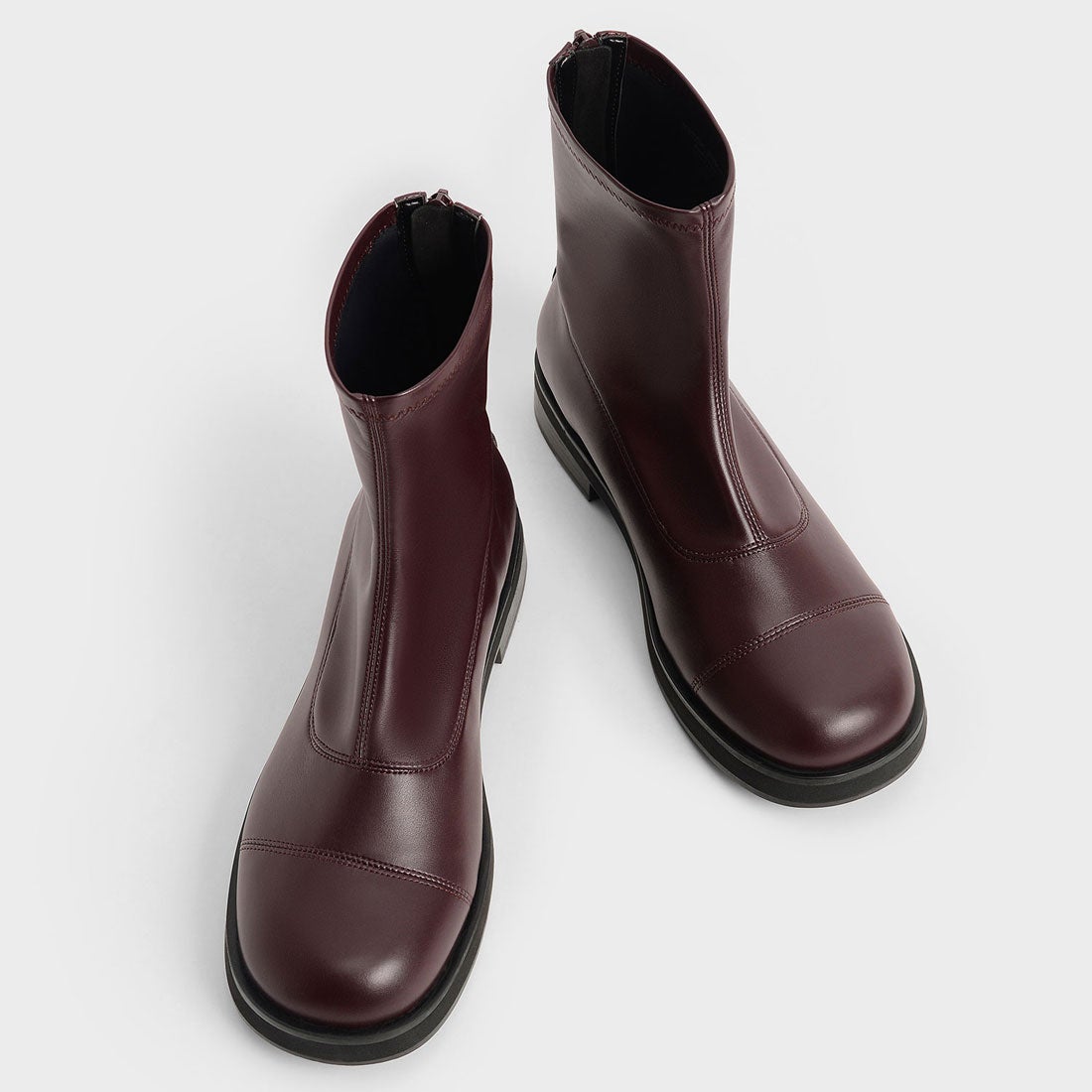 ラウンドトゥ ジップアップアンクルブーツ / Round Toe Zip-Up Ankle Boots （Burgundy）