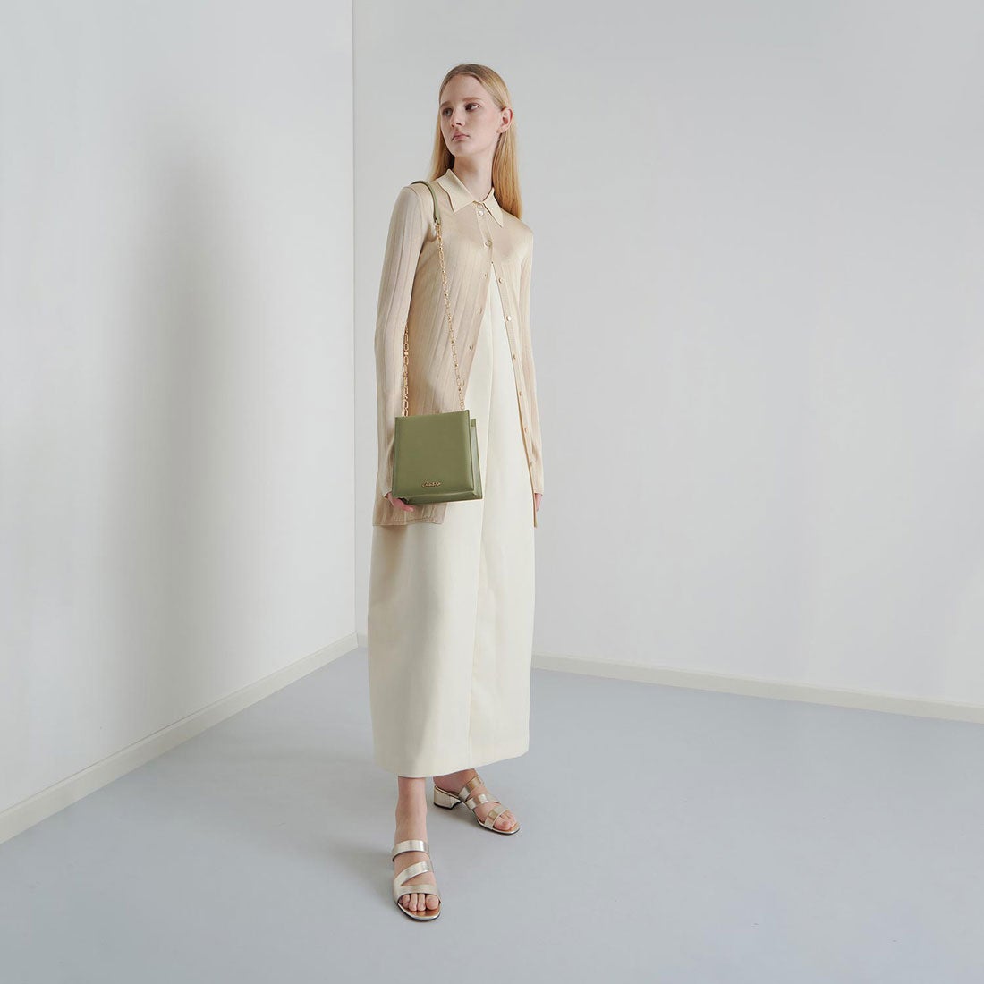 CHARLES & KEITH レザーボクシーバッグ / Leather Boxy Bag （Sage 