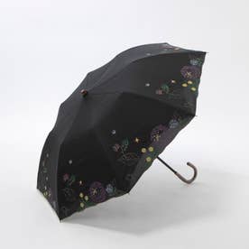 女優日傘ボタニカル刺繍かわず張りショート折りたたみ日傘 （ブラック）