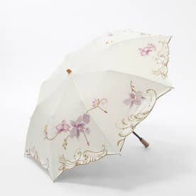 女優日傘プレミアム蘭花刺繍かわず張りショート折りたたみ日傘 （ホワイト）