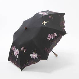 女優日傘プレミアム蘭花刺繍かわず張りショート折りたたみ日傘 （ブラック）