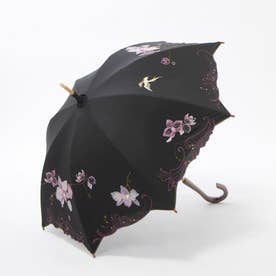 女優日傘プレミアム蘭花刺繍かわず張り長日傘 （ブラック）