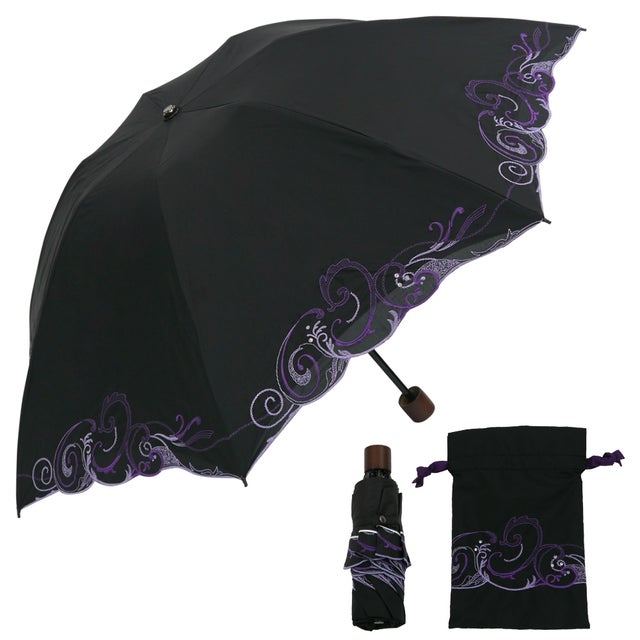 
                    プレシオサ＆ペイズリー刺繍ミニ折りたたみ晴雨兼用傘 （ブラック）