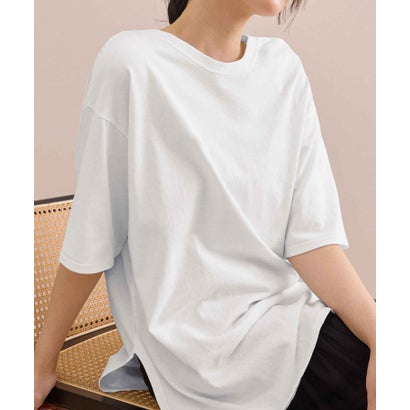 綿100％ラウンドヘムオーバーサイズ半袖Tシャツ （ホワイト／半袖）｜詳細画像