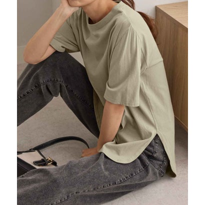 綿100％ラウンドヘムオーバーサイズ半袖Tシャツ （カーキ／半袖）｜詳細画像