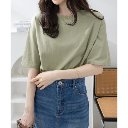 綿100％ラウンドヘムオーバーサイズ半袖Tシャツ （カーキ／半袖）｜詳細画像