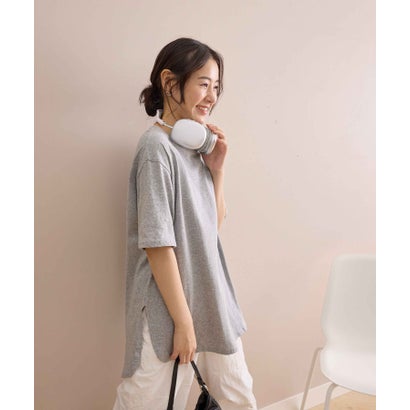 綿100％ラウンドヘムオーバーサイズ半袖Tシャツ （グレー／半袖）｜詳細画像