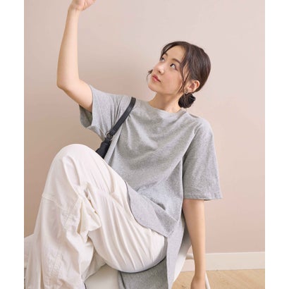 綿100％ラウンドヘムオーバーサイズ半袖Tシャツ （グレー／半袖）｜詳細画像