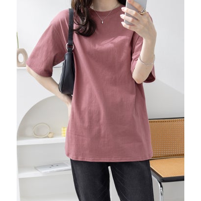 綿100％ラウンドヘムオーバーサイズ半袖Tシャツ （ダスティピンク／半袖）｜詳細画像