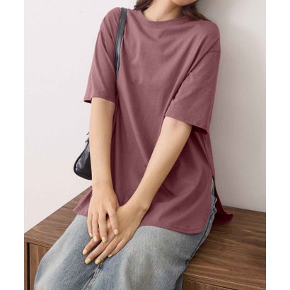 綿100％ラウンドヘムオーバーサイズ半袖Tシャツ （ダスティピンク／半袖）｜詳細画像