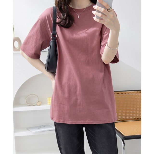 綿100％ラウンドヘムオーバーサイズ半袖Tシャツ （ダスティピンク／半袖）
