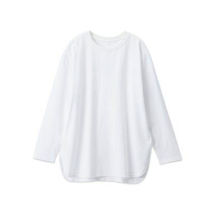 綿100％ラウンドヘムオーバーサイズロングTシャツ （ホワイト／長袖）｜詳細画像