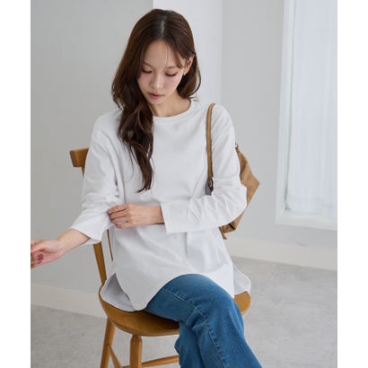 綿100％ラウンドヘムオーバーサイズロングTシャツ （ホワイト／長袖）｜詳細画像