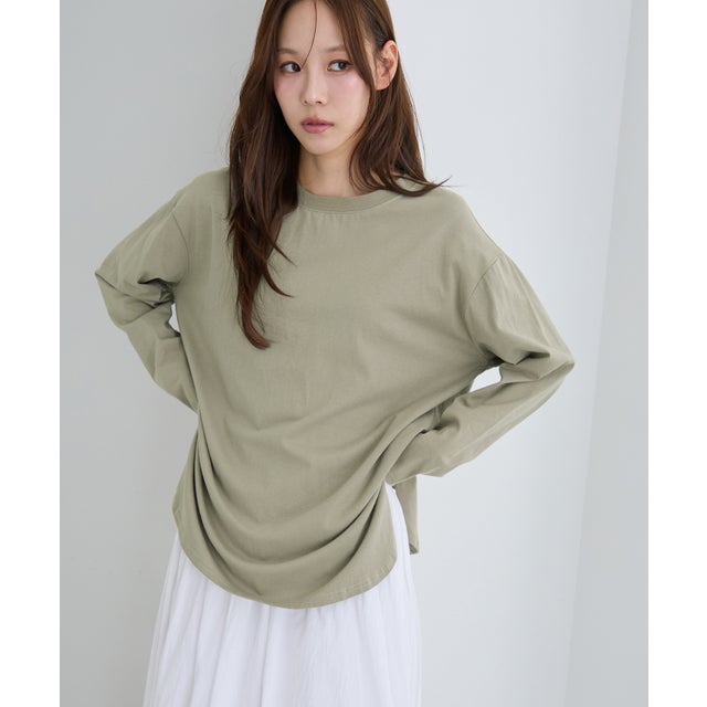 綿100％ラウンドヘムオーバーサイズロングTシャツ （カーキ／長袖）