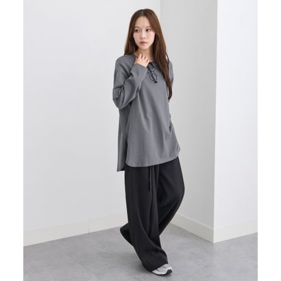 綿100％ラウンドヘムオーバーサイズロングTシャツ （チャコール／長袖）｜詳細画像