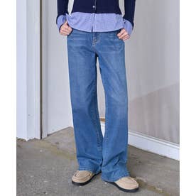 ウエストボタンデニムワイドパンツ（ロング丈） （ブルー）