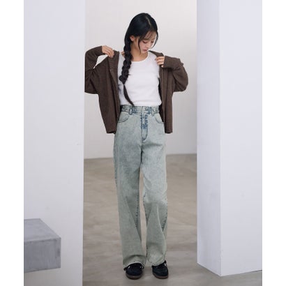ウエストボタンデニムワイドパンツ（ロング丈） （ケミカルサックス）｜詳細画像