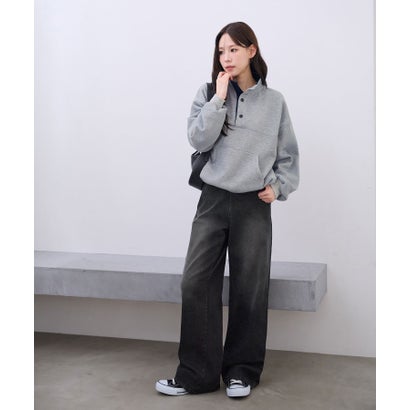 ウエストボタンデニムワイドパンツ（ロング丈） （ブラック（加工無し））｜詳細画像