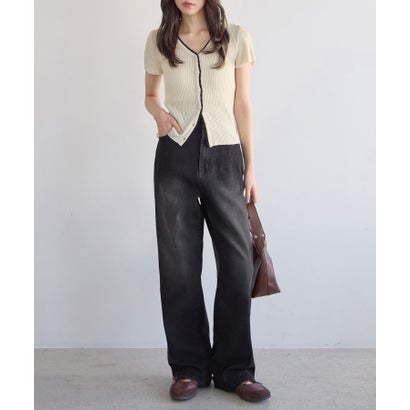 ウエストボタンデニムワイドパンツ（ロング丈） （ブラック（加工無し））｜詳細画像