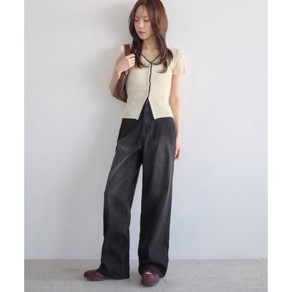 ウエストボタンデニムワイドパンツ（ロング丈） （ブラック（加工無し））｜詳細画像