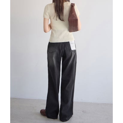 ウエストボタンデニムワイドパンツ（ロング丈） （ブラック（加工無し））｜詳細画像