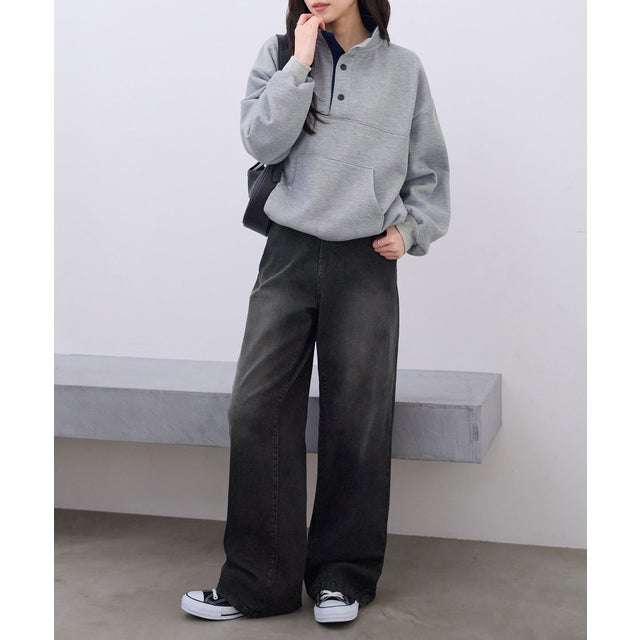 ウエストボタンデニムワイドパンツ（ロング丈） （ブラック（加工無し））