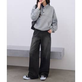 ウエストボタンデニムワイドパンツ（ロング丈） （ブラック（加工無し））