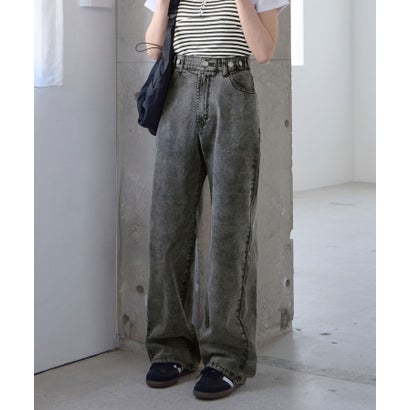 ウエストボタンデニムワイドパンツ（ショート丈） （ケミカルブラック）｜詳細画像