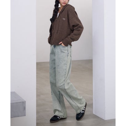 ウエストボタンデニムワイドパンツ（ショート丈） （ケミカルサックス）｜詳細画像