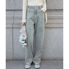 ウエストボタンデニムワイドパンツ（ショート丈） （ケミカルサックス）