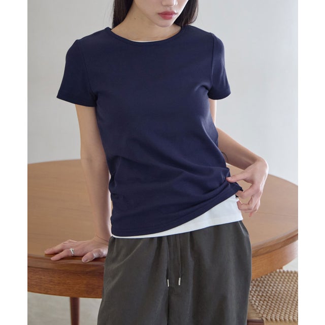 ラウンドネック半袖Tシャツ （ネイビー／半袖）