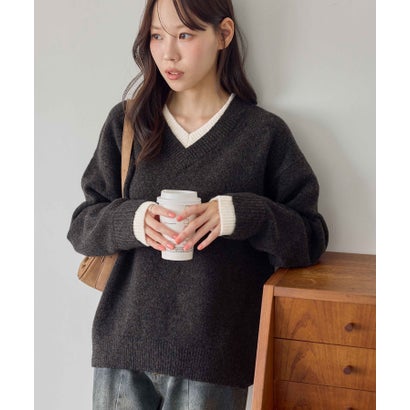 ドッキングレイヤード風ニット （チャコールグレー）｜詳細画像