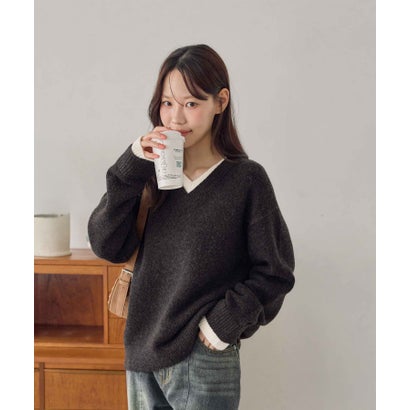 ドッキングレイヤード風ニット （チャコールグレー）｜詳細画像