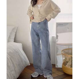 ストライプストレートワイドデニムパンツ （ケミカルブルー）