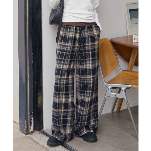 チェックイージーワイドパンツ （ネイビー）